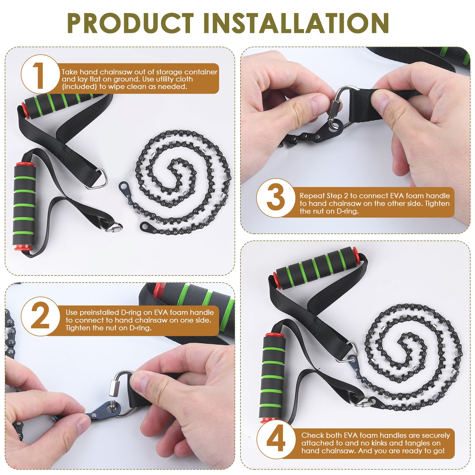 Step-by-step installation guide for hand chain saws with EVA foam handles.