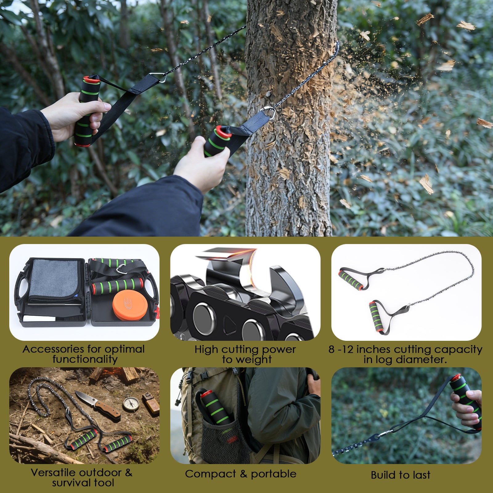 Tree cutting saw being used on a tree with additional images of accessories and features.