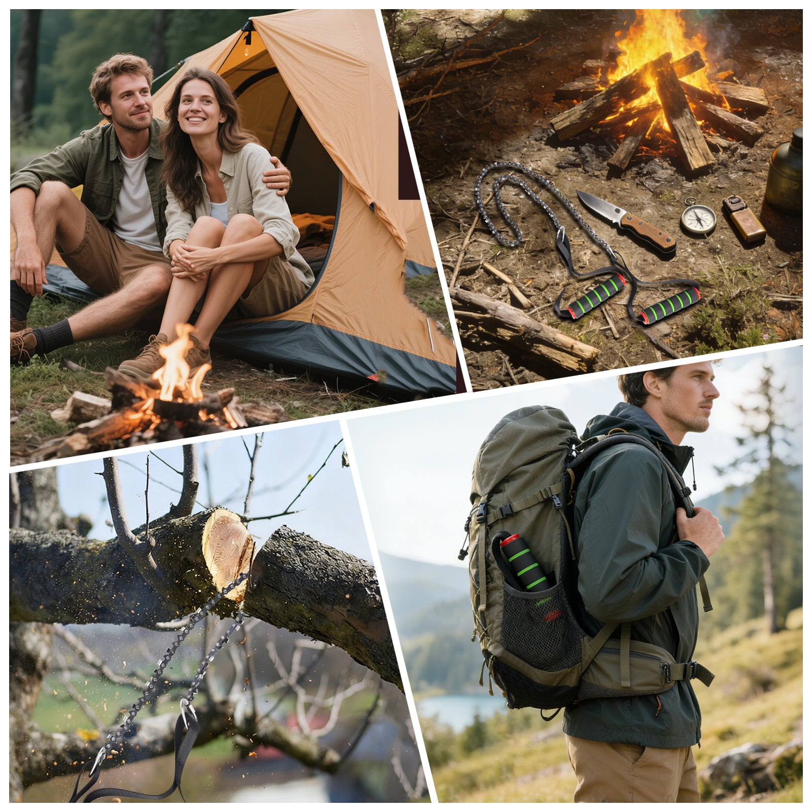 Outdoor use of pocket chainsaw, a collage of people camping, a campfire with saw tools, a log with chains, and a person with a backpack.