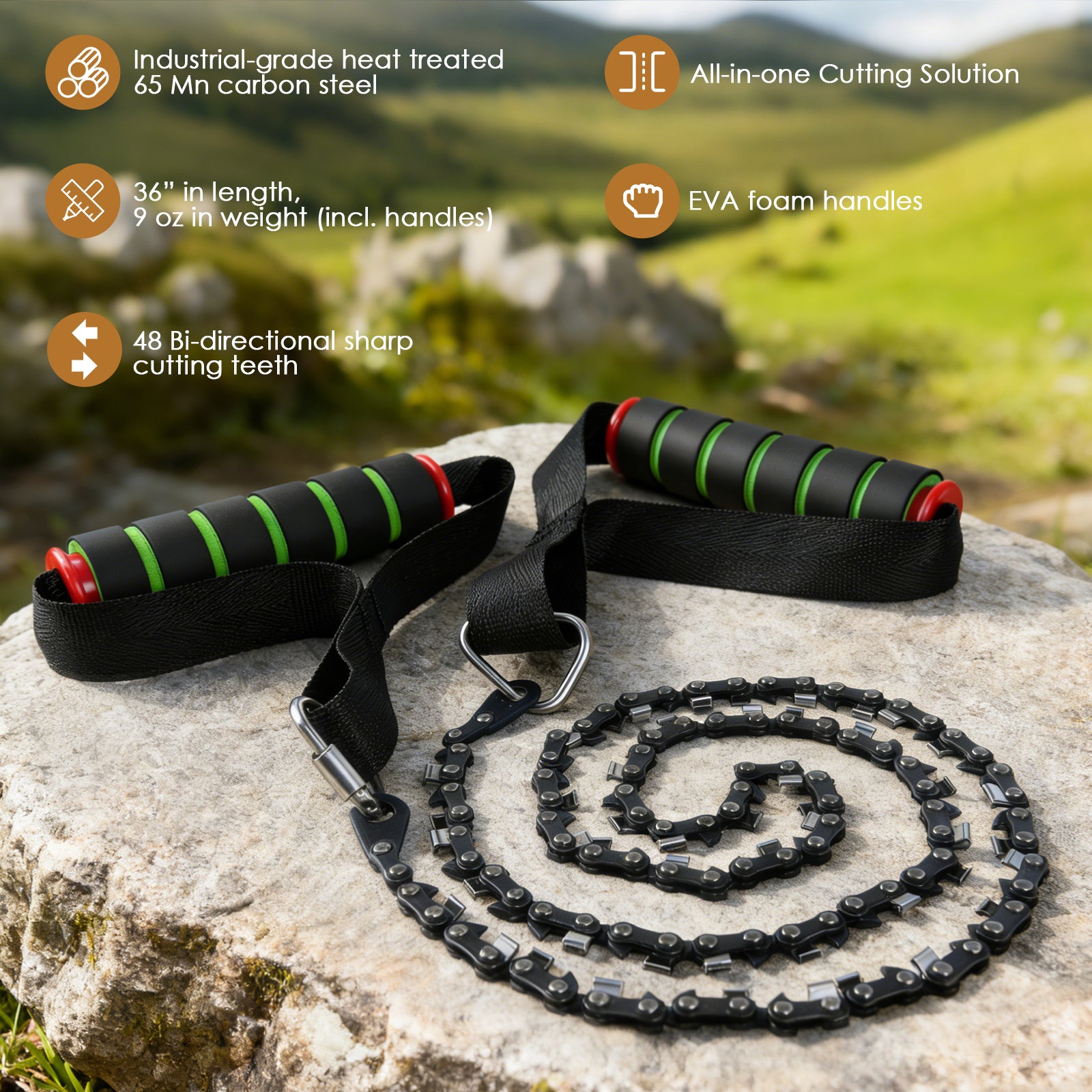 Chain saw with EVA foam handles on a rock, set against a natural landscape.