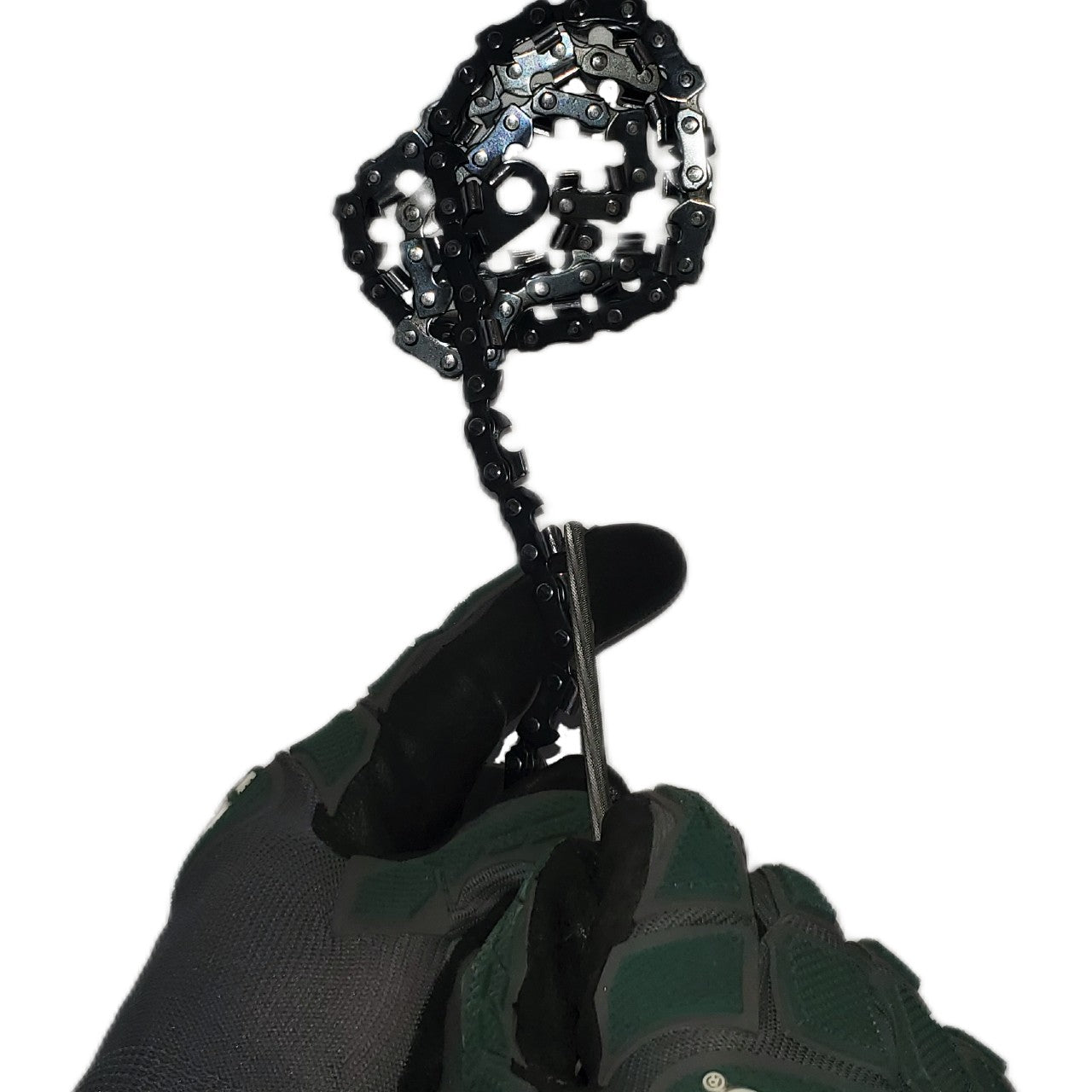 Sharpening file for hand foldable saw in use